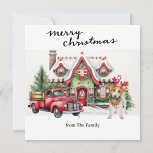 Tarjeta Festiva Camión rojo vintage con Navidades de perros