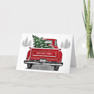 Tarjeta Festiva Camión rojo vintage con nombre de familia de árbol