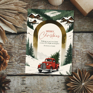 Tarjeta Festiva Camión Rojo Vintage de Montaña Rústica y Árbol de