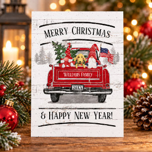 Tarjeta Festiva Camión rojo vintage Gnome Pareja de Perros Patriót