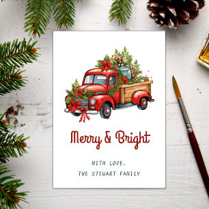 Tarjeta Festiva Camión Rojo Vintage Merry and Bright Navidades