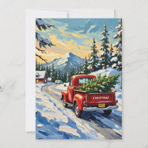 Tarjeta Festiva Camión rojo vintage que transporta árbol de Navida