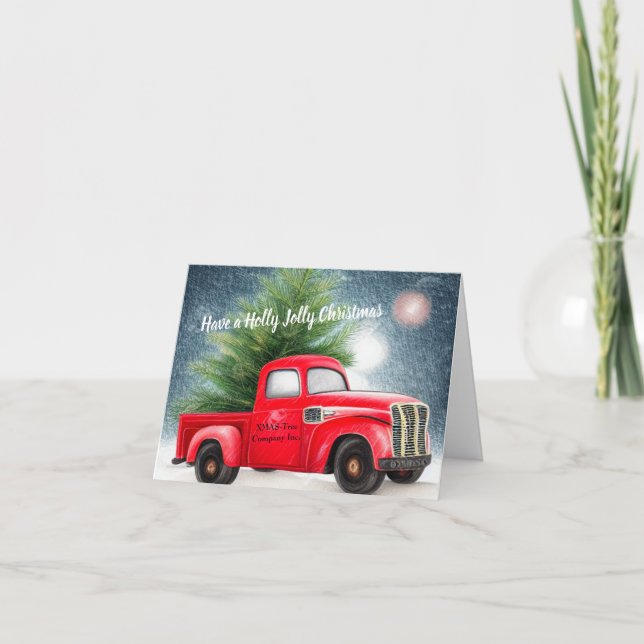 Tarjeta Festiva Camión rojo vintage y árbol personalizado (Anverso)