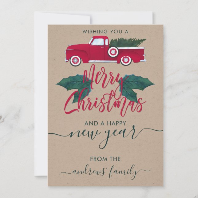 Tarjeta Festiva Camión verde rojo ruso deja Fiesta a Navidades (Anverso)