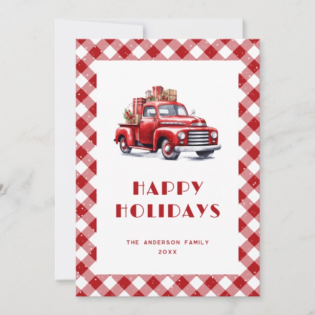 Tarjeta Festiva Camioneta Clásica Roja Cuadros de Gingham con Niev (Anverso)