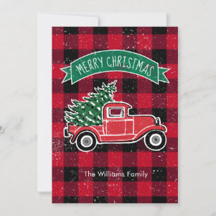 Tarjeta Festiva Camioneta Vintage Roja Cuadro Búfalo Fiestas Espal