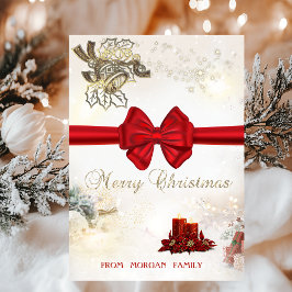 Tarjeta Festiva Campanas de Navidades de oro de moda, velas, vaca 