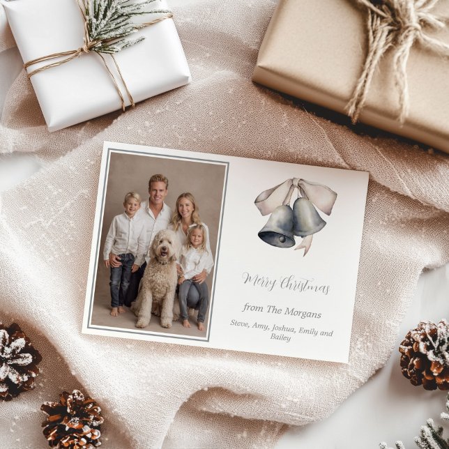 Tarjeta Festiva Campanas de plata Foto (Silver Bells Photo Christmas Card)