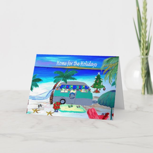 Tarjeta Festiva Camper Christmas cards by the beach (Anverso)