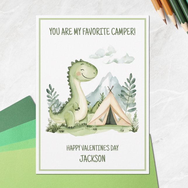 Tarjeta Festiva Camping de niños de dinosaurios feliz Día de San V (Camping Dinosaur Kids Happy Valentine's Day Holiday Card)