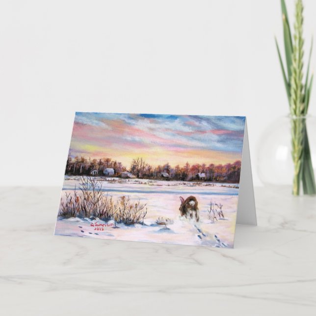 Tarjeta Festiva Campo de invierno con conejo (Anverso)