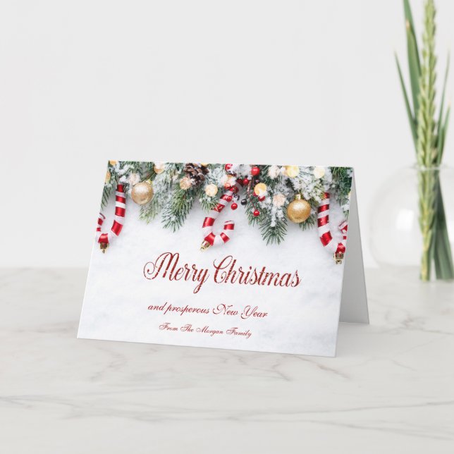 Tarjeta Festiva Caña de caramelo, ramas de árbol de pino, bolas (Anverso)