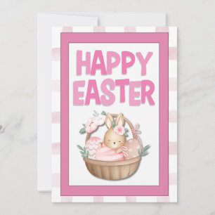 Tarjeta Festiva Canasta de Conejo de Pascua y Cuadros Rosados