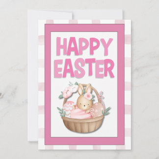 Tarjeta Festiva Canasta de Conejo de Pascua y Cuadros Rosados
