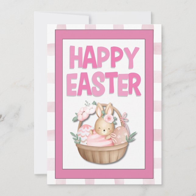 Tarjeta Festiva Canasta de Conejo de Pascua y Cuadros Rosados (Anverso)