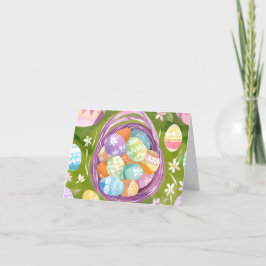 Tarjeta Festiva Canasta de Huevos de Pascua | Acuarela Pastel de P