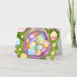 Tarjeta Festiva Canasta de Huevos de Pascua | Acuarela Pastel de P