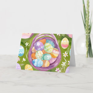 Tarjeta Festiva Canasta de Huevos de Pascua Acuarela Pastel de P