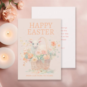 Tarjeta Festiva Canasta de Pascua de Cordero Floral Rosa Melocotón