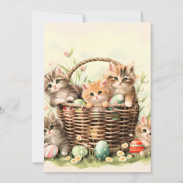 Tarjeta Festiva Canasta de Pascua de Gatito de Primavera (Anverso)
