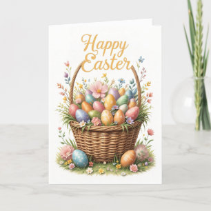 Tarjeta Festiva Canasta de Pascua feliz con huevos coloridos