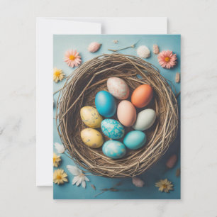 Tarjeta Festiva Canasta de Pascua Vibrante con Huevos Decorativos
