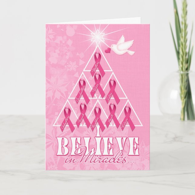 Tarjeta Festiva Cancer Awareness Pink Ribbon Christmas Tree (Anverso)