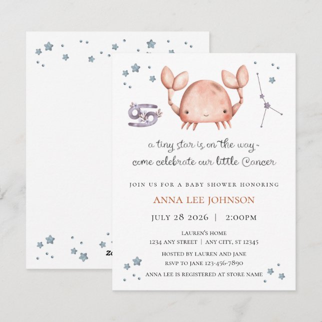 Tarjeta Festiva Cancer Zodiac Baby Shower Invitation (Anverso / Reverso)