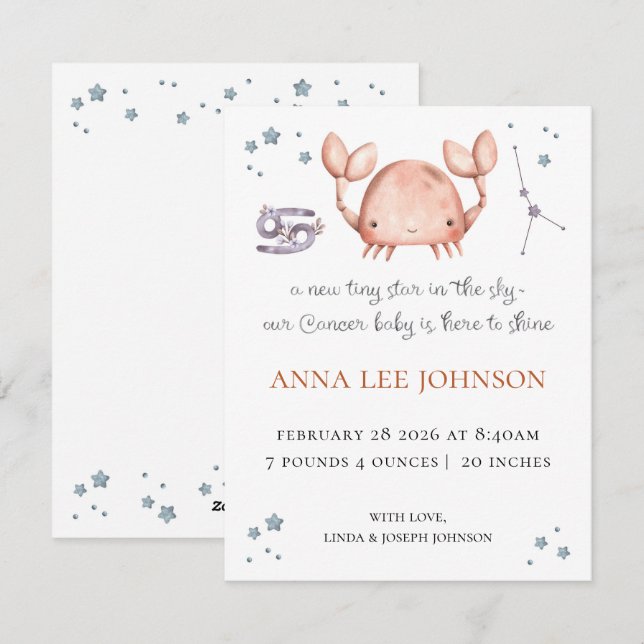 Tarjeta Festiva Cancer Zodiac Birth Announcement (Anverso / Reverso)