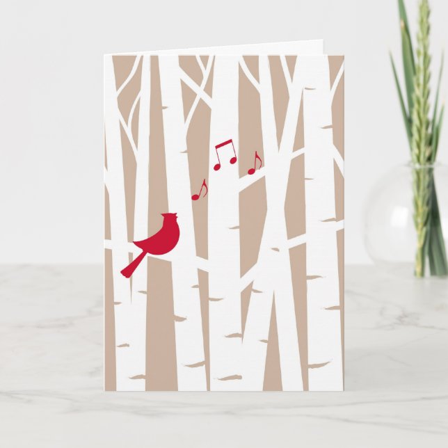 Tarjeta Festiva Canción alegre a Navidades, cardenal en árboles bi (Anverso)