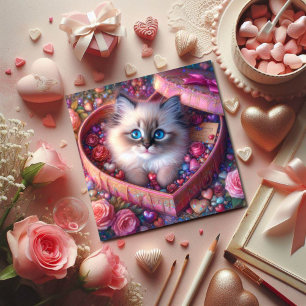 Tarjeta Festiva Candy Box de corazón rosado Ragdoll Kitten Valenti