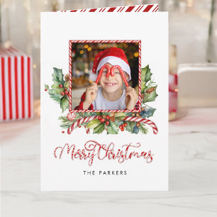 Tarjeta Festiva Candy Candy Merry Christmas Floral Photo