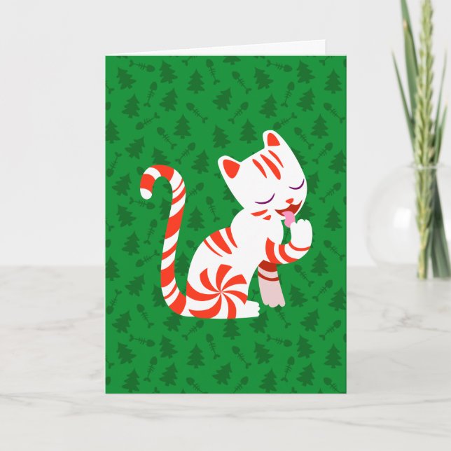 Tarjeta Festiva Candy Cane Cat (Anverso)