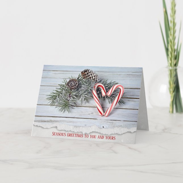 Tarjeta Festiva Candy Cane corazón con pino de madera (Anverso)