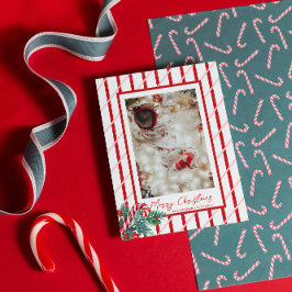 Tarjeta Festiva Candy Cane & Greenery | Foto familiar de Navidades