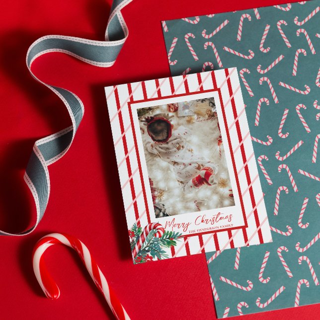 Tarjeta Festiva Candy Cane & Greenery | Foto familiar de Navidades (Subido por el creador)