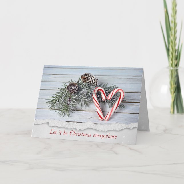 Tarjeta Festiva Candy Cane Heart On Wood (Anverso)