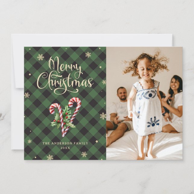 Tarjeta Festiva Candy Cane Holly Photo Merry Christmas Card (Anverso)