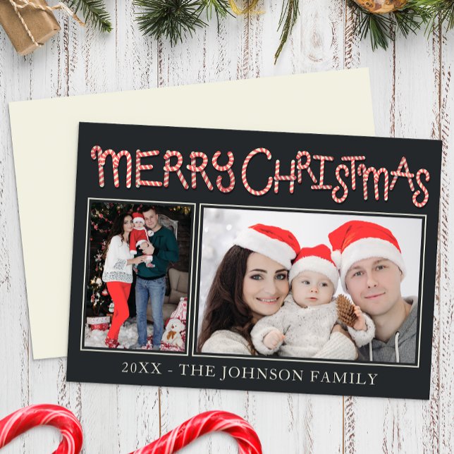 Tarjeta Festiva Candy Cane Merry Christmas 2 Photo Card (Fun Christmas Card)