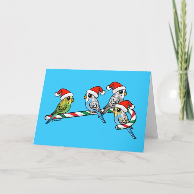 Tarjeta Festiva Candy Cane Santa Budgies (Anverso)