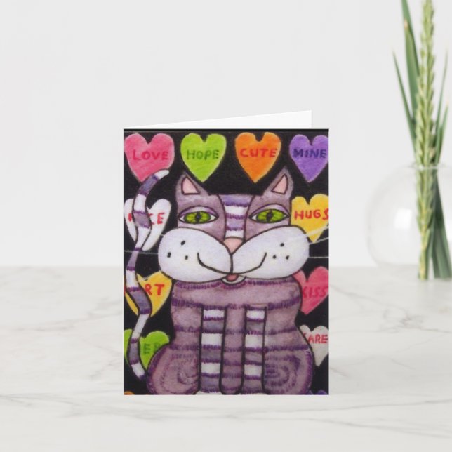 Tarjeta Festiva Candy Heart Purple Valentine Cat (Anverso)