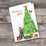 Tarjeta Festiva Cane Corso Dog, Bird and Christmas Tree<br><div class="desc">En la parte delantera de esta tarjeta de Navidades, un perro negro de Corso de Caña lleva un gorra de Santa Claus rojo y blanco mientras se sienta junto a un árbol de Navidad. Los paquetes de regalo envueltos de forma brillante están dispersos por todo el mundo, y un bullfinch...</div>