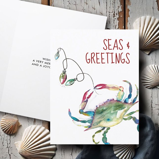 Tarjeta Festiva Cangrejo acuático costero para Navidades de playa (Beach Christmas cards watercolor crab art by Victoria Grigaliunas of Do Tell A Belle)