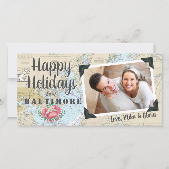 Tarjeta Festiva Cangrejo Náutico + Foto de la Bahía de Maryland en (Anverso)