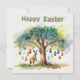 Tarjeta Festiva Canguro bajo árbol de goma con huevos de Pascua