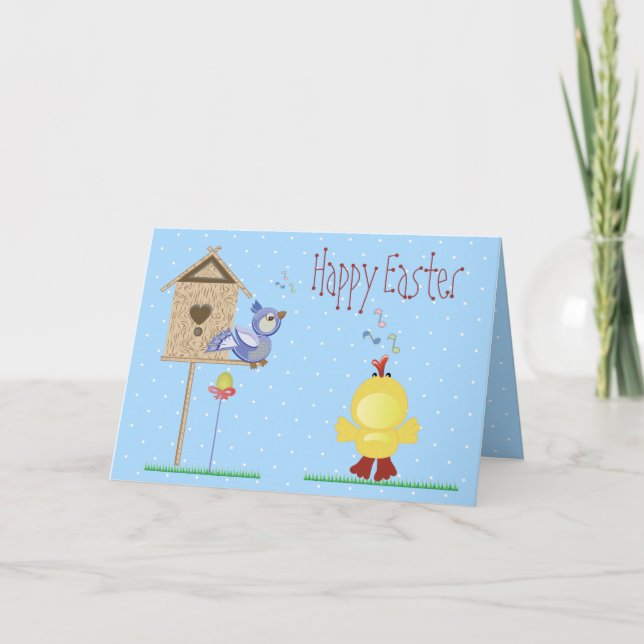 Tarjeta Festiva Cantando Chick y Pájaro de Pascua (Anverso)