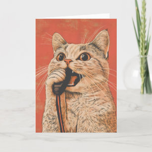 Tarjeta Festiva Cantando el micrófono del gato Divertido retro