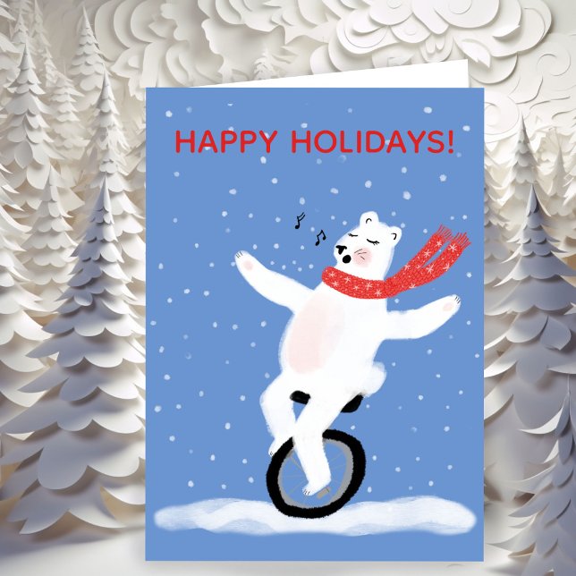 Tarjeta Festiva Cantando Navidades de oso polar de Unicycle Person (Singing Unicycle Polar Bear Christmas Punny Custom Non- Photo Personalized Holiday Card / Digital
)