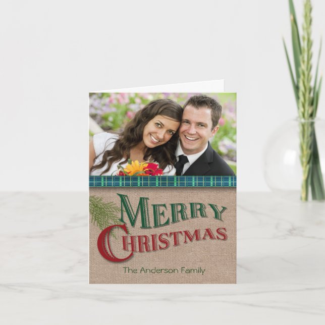 Tarjeta Festiva Canvas Green y Aqua Plaid Christmas Photo Card (Anverso)
