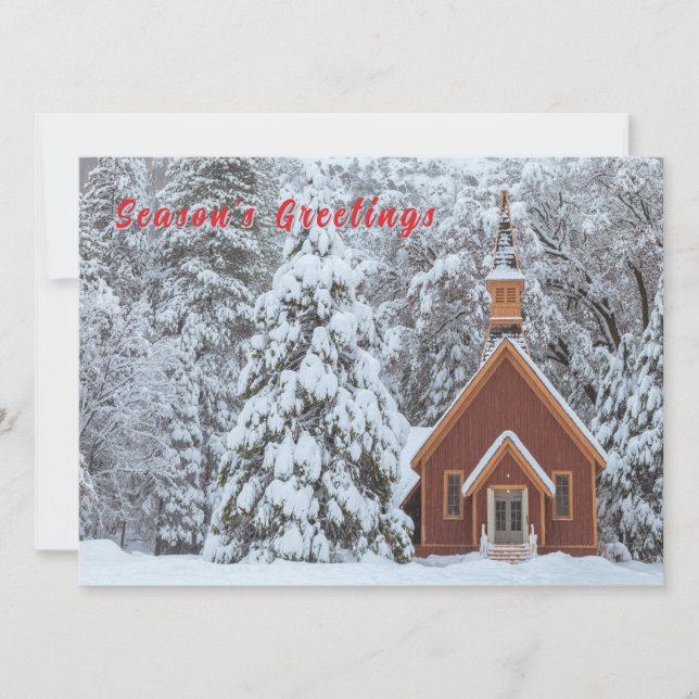 Tarjeta Festiva Capilla nevada en paisaje invernal (Anverso)